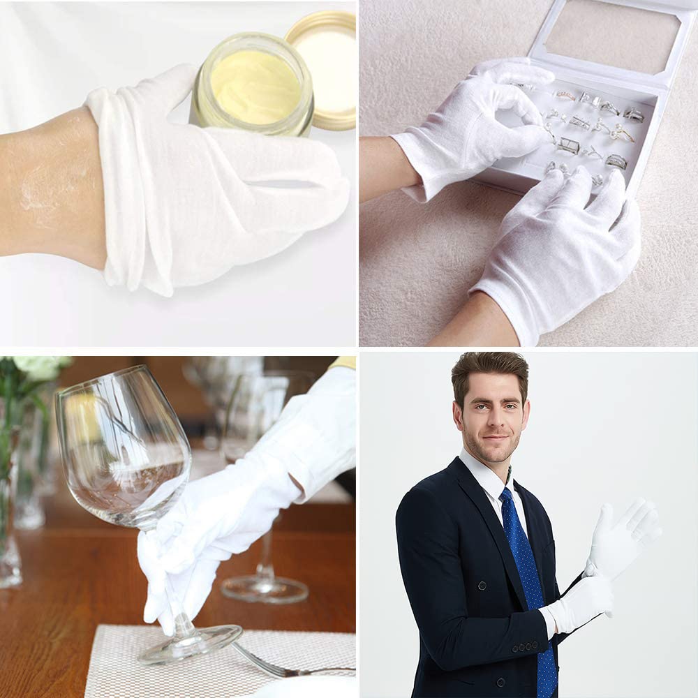 48 Pcs (24Pairs) White Cotton Gloves for Dry Hand Moisturizing Cosmetic Eczema Hand Spa and Coin Jewelry Inspection Soft, Breathable, Washable & Stretchy Cloth Checking Gloves,Serving Gloves
