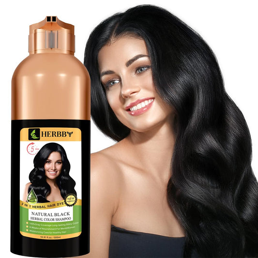 HERBBY Hair Color Shampoo for Gray Hair Coverage&Color Transform with 9 Herbal Extracts –Long Lasting(6-8 Weeks),Shiny,Evenly Colored,Instant Hair Dye Shampoo&Conditioner, 500 Ml (NATURAL BLACK COLOR)