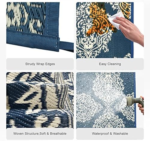 wikiwiki Outdoor Rug, 5x8ft Waterproof Reversible Mat Indoor Outdoor Rugs Carpet, Small Area Rug Plastic Straw Rug for Patio Deck Balcony Pool RV Camping Beach Picnic, Blue & Beige, Rugscape Series