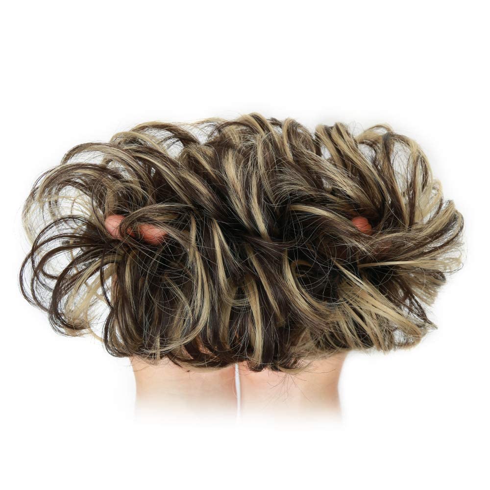 MORICA 1PCS Messy Hair Bun Hair Scrunchies Extension Curly Wavy Messy Bun Hair Synthetic Chignon Hairpieces for Women(Dark Brown & Ash Blonde)