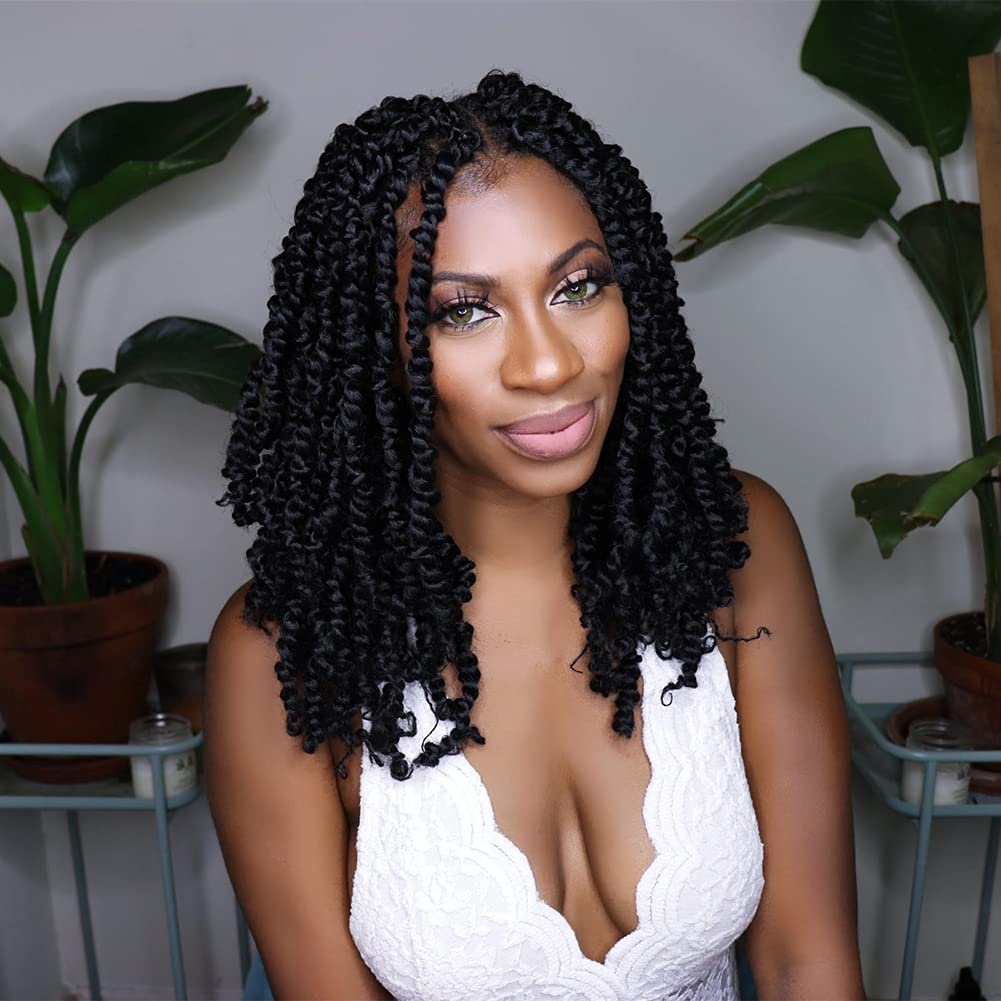 The BOHOBABE Pre-twisted Passion Twist Crochet Hair 14 Inch Short Pre-looped Crochet Passion Twist Braiding Hair 8 Packs (1#) 1#(Jet Black)