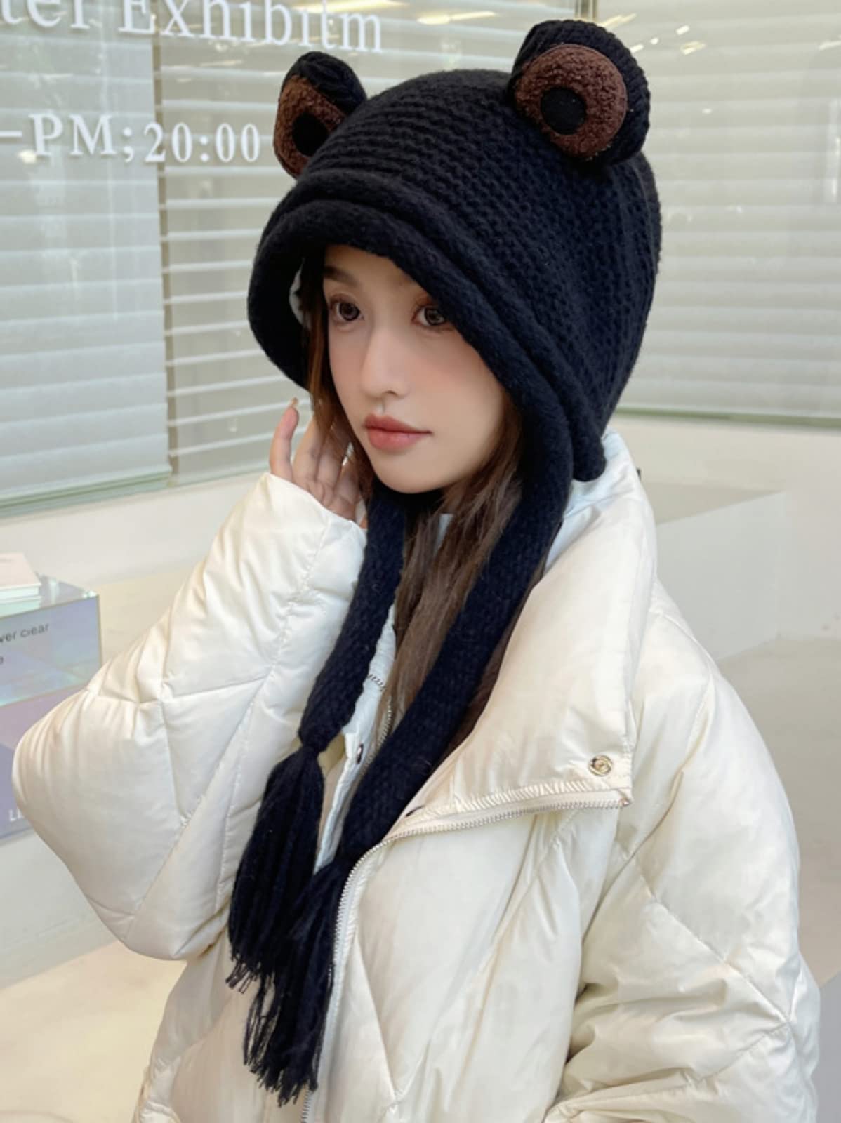 Frog Hats Adult Cute Beanie Crochet Knitted Hat Big Eye Frog Winter Ear Warmer Protective Beanie Hats Caps Outdoors Autumn Black