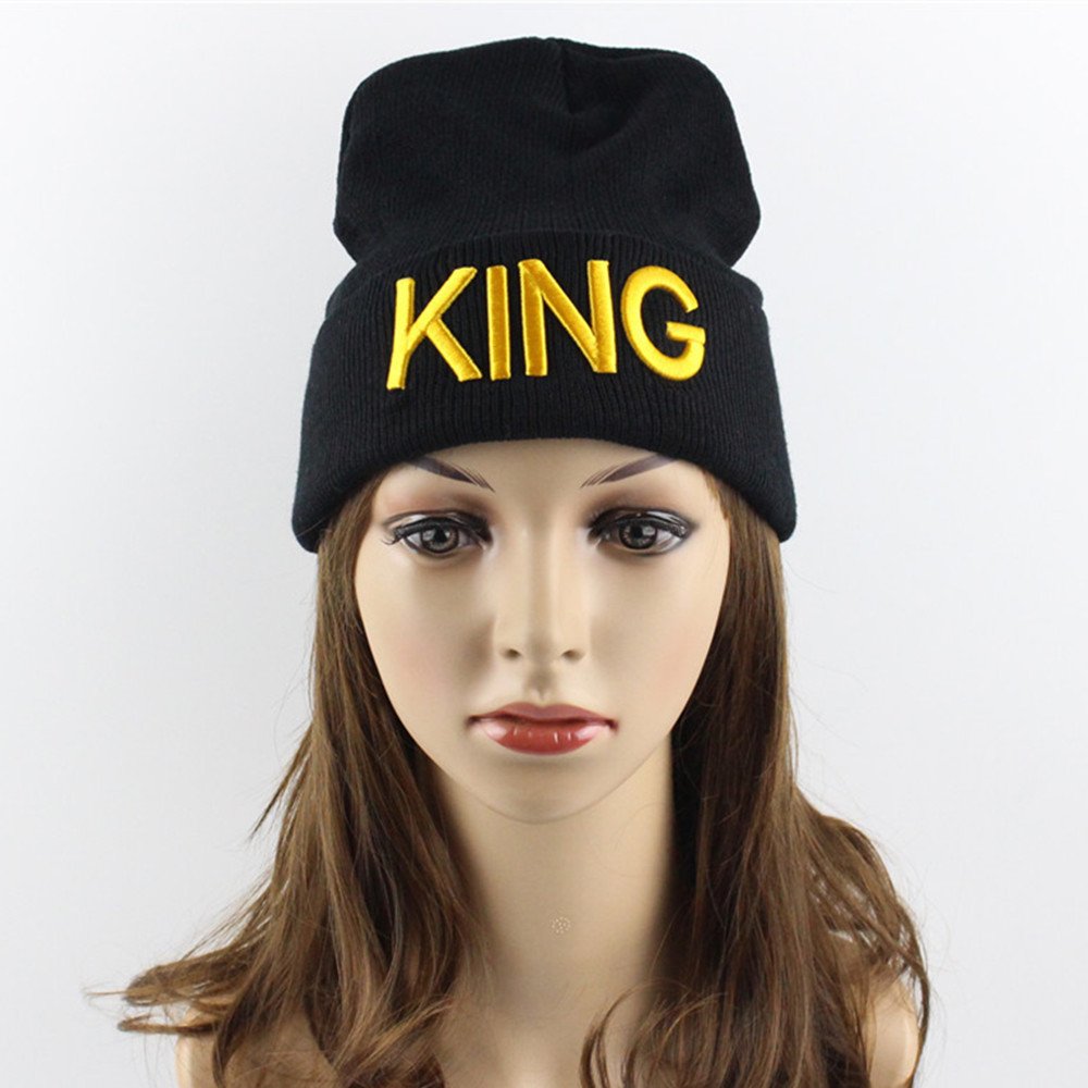 MIUNIKO 2PCS Fashion King and Queen Skullies Hood Winter Warm Caps Sport Beanie Hats for Couples (Yellow)