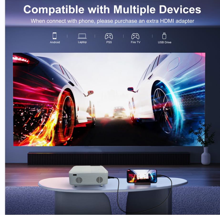 Mini Bluetooth Projector(Phone HDMI Cable Included), Portable Outdoor Projector, Native 1080P Projector, Compatible 4K, Supports Android/iPhone/TV Stick/Laptop/PS5/HDMI/USB, Indoor and outdoor use