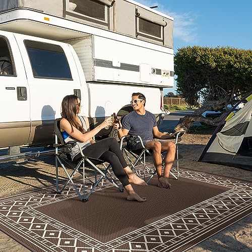 GENIMO Outdoor Rug Waterproof for Patio Decor, 6'x9' Foldable Reversible Plastic Straw Carpet for Travel Trailers, Outside Area Mat for Rv, Deck, Picnic, Porch, Camper, Balcony, Beach, Coffee & Beige