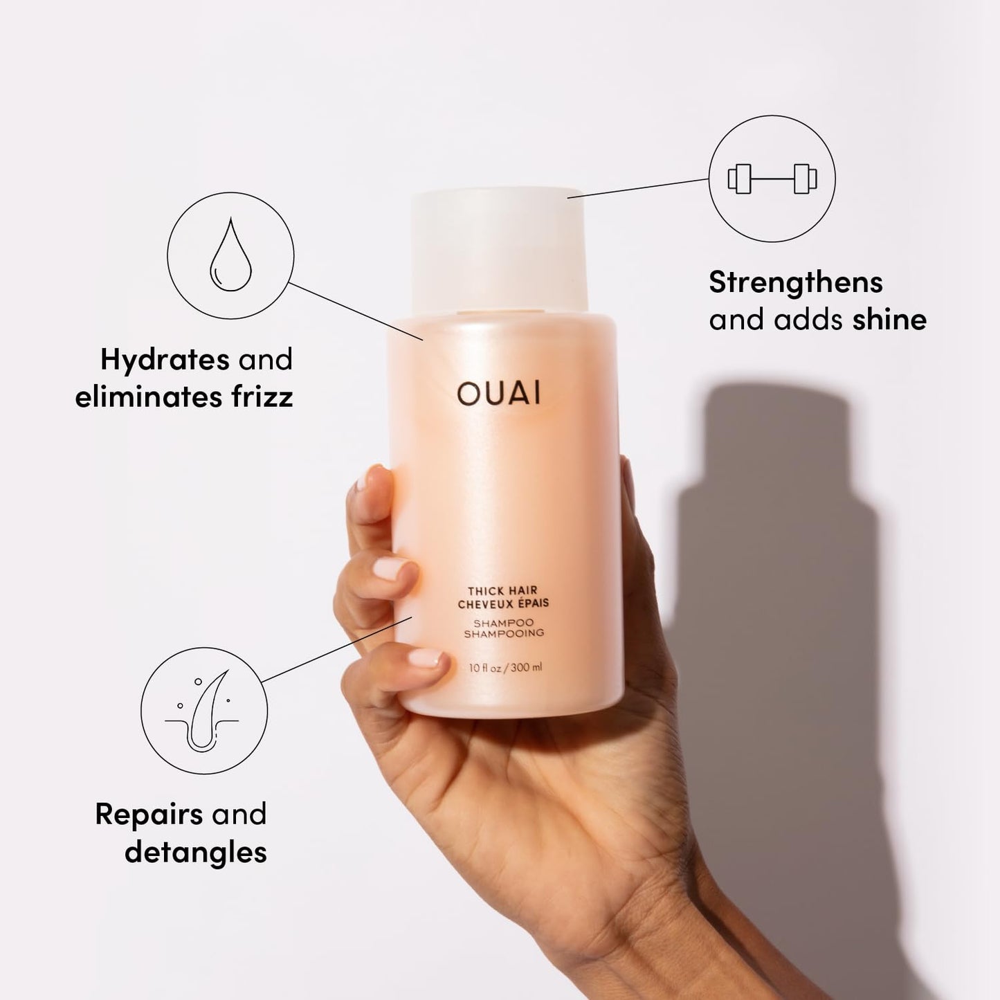 OUAI Thick Shampoo - Moisturizing Shampoo with Keratin, Marshmallow Root, Shea Butter, Avocado Oil for Thick Hair - Strengthens & Hydrates Strands - Paraben, Phthalate, Sulfate Free Shampoo (10 Fl Oz)