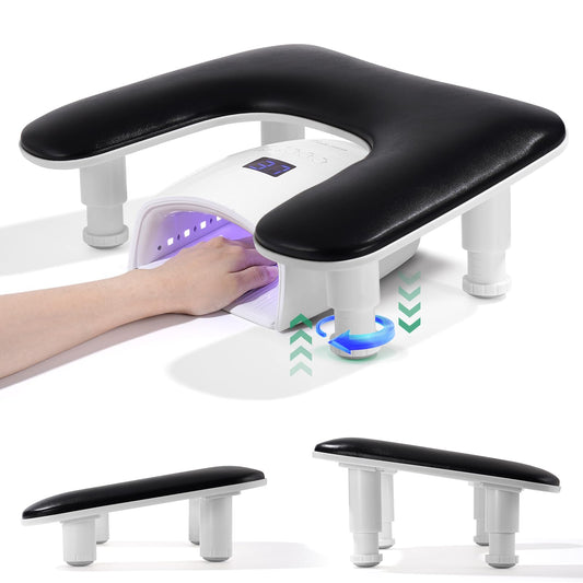 Big Arm Rest for Nails Tech: 2nd Generation U-Shaped Manicure Nail Arm Rest Stand Height Adjustable Armrest Microfiber PU Leather Hand Rest Pillow for Acrylic Nails (Black)