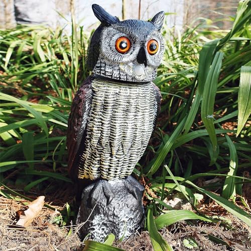 Hausse Solar Fake Owl Decoy Scare Birds Away, Solar Powered Motion Activated Scarecrow Deterrent Owl with Glowing Eyes, Scary Sound & Rotate Head, Nature Enemy Bird Repellent for Outdoor Garden Yard