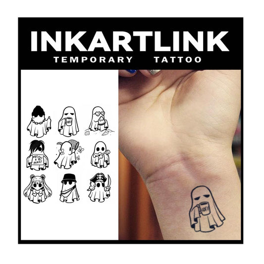 INKARTLINK Tattoo Tech, 2 Sheets Extra-Large Semi Permanent Tattoo, Adult Art Design Temporary Tattoos, Lasts 1-2 Weeks, Waterproof, Realistic Look, No Adhesive, No Reflection (Little Ghost Designs)