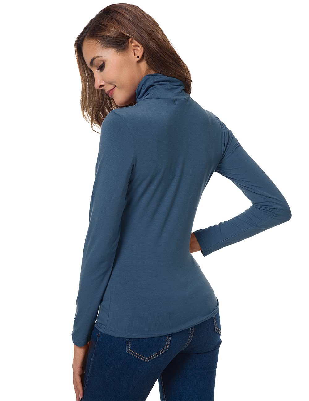 VOBCTY Long Sleeve Turtle Neck Stretch Slim T Shirt Layer Tops Beja Blue Small