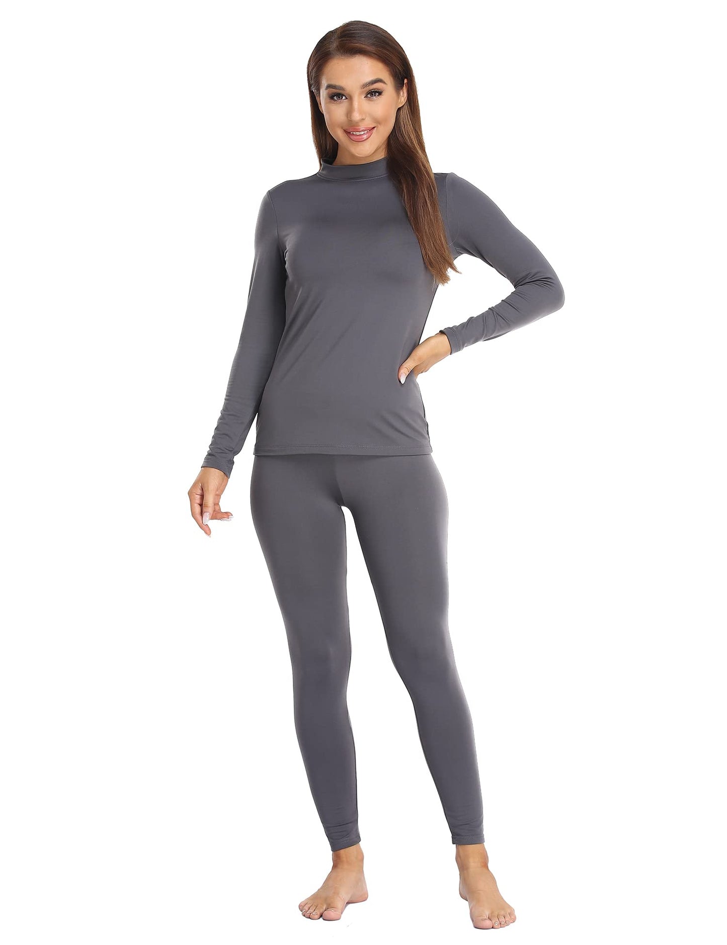 JOLLYBUYER Women's Mock Neck Thermal Underwear Winter Fleece Ultra-Soft Warm Base Layer Set Grey