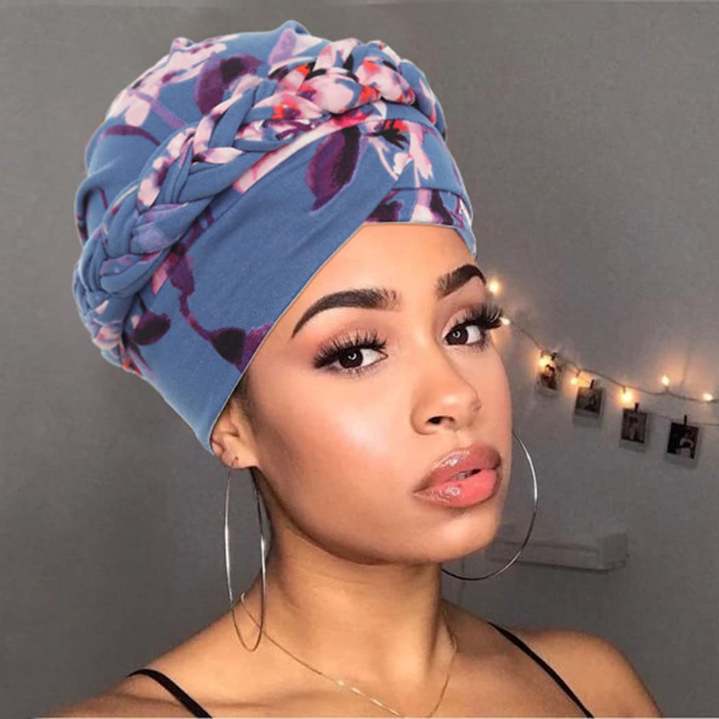 Woeoe African Turbans Blue Braid Stretch Headwear Print Pattern Head Scarf Pre-Tied Beanie Cap Head Wraps for Women and Girls(Pack of 2)
