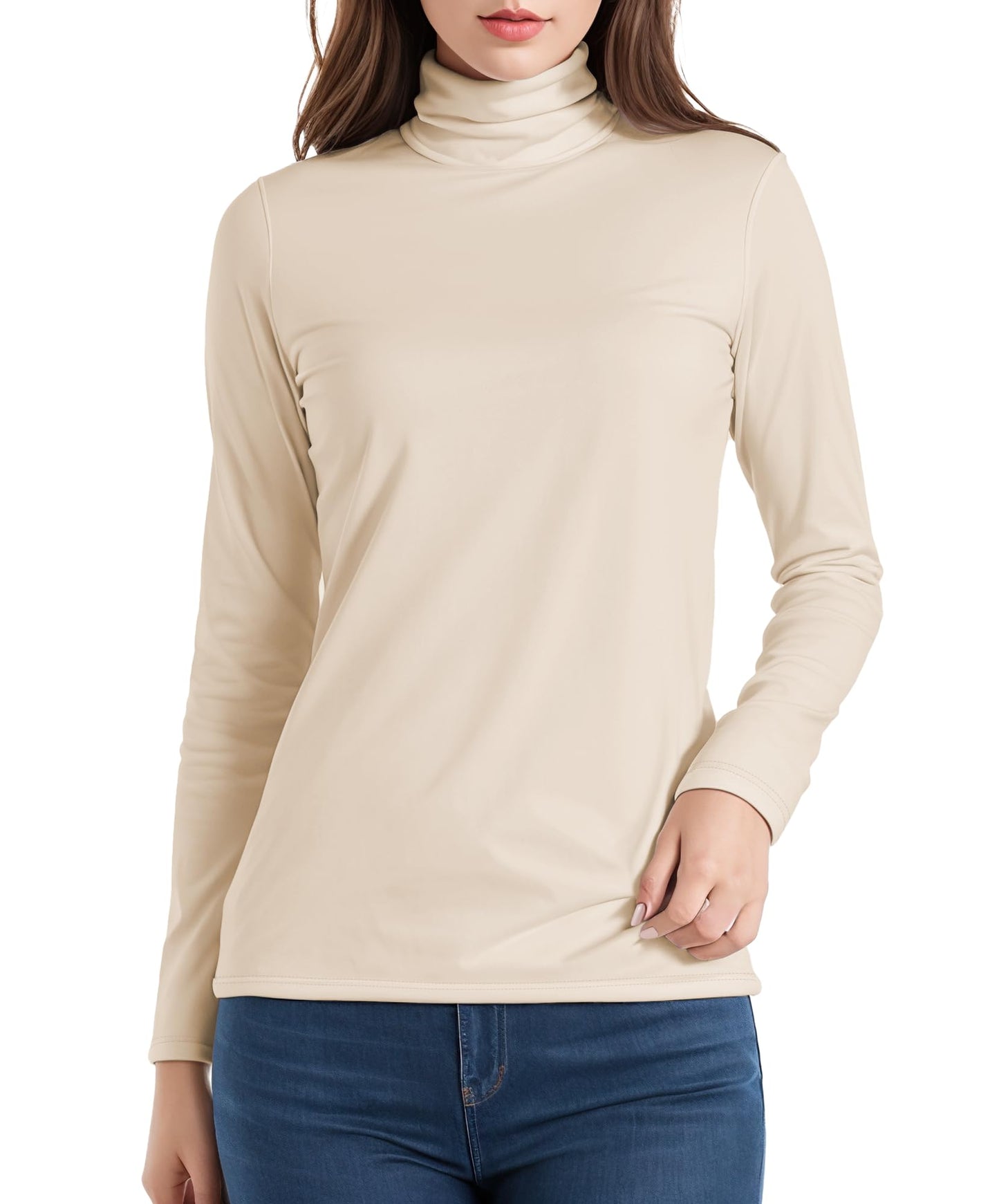 Womens Long Sleeve Turtleneck T-Shirts Mock Neck Underwear Fall Winter Fashion Base Layer Casual Lightweight Soft Tops Beige