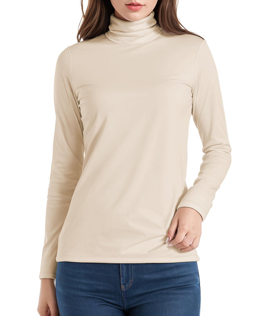 Womens Long Sleeve Turtleneck T-Shirts Mock Neck Underwear Fall Winter Fashion Base Layer Casual Lightweight Soft Tops Beige