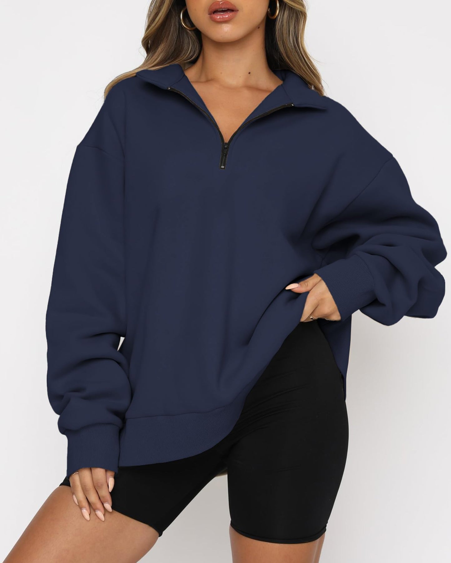 BTFBM Women's Quarter Zip Sweatshirt 2024 Fall Spring Oversized Casual Long Sleeve Workout Pullover Y2K Clothes(Solid Navy, Large)