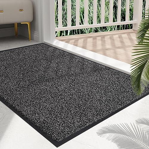 Mibao Front Door Mat, Dirt Trapper Welcome Mat for Outdoor Indoor, Non-Slip Waterproof Doormat, Durable Machine Washable Low Profile Entry Rug for Back Door Outside Patio Porch, 36" x 24", Grey