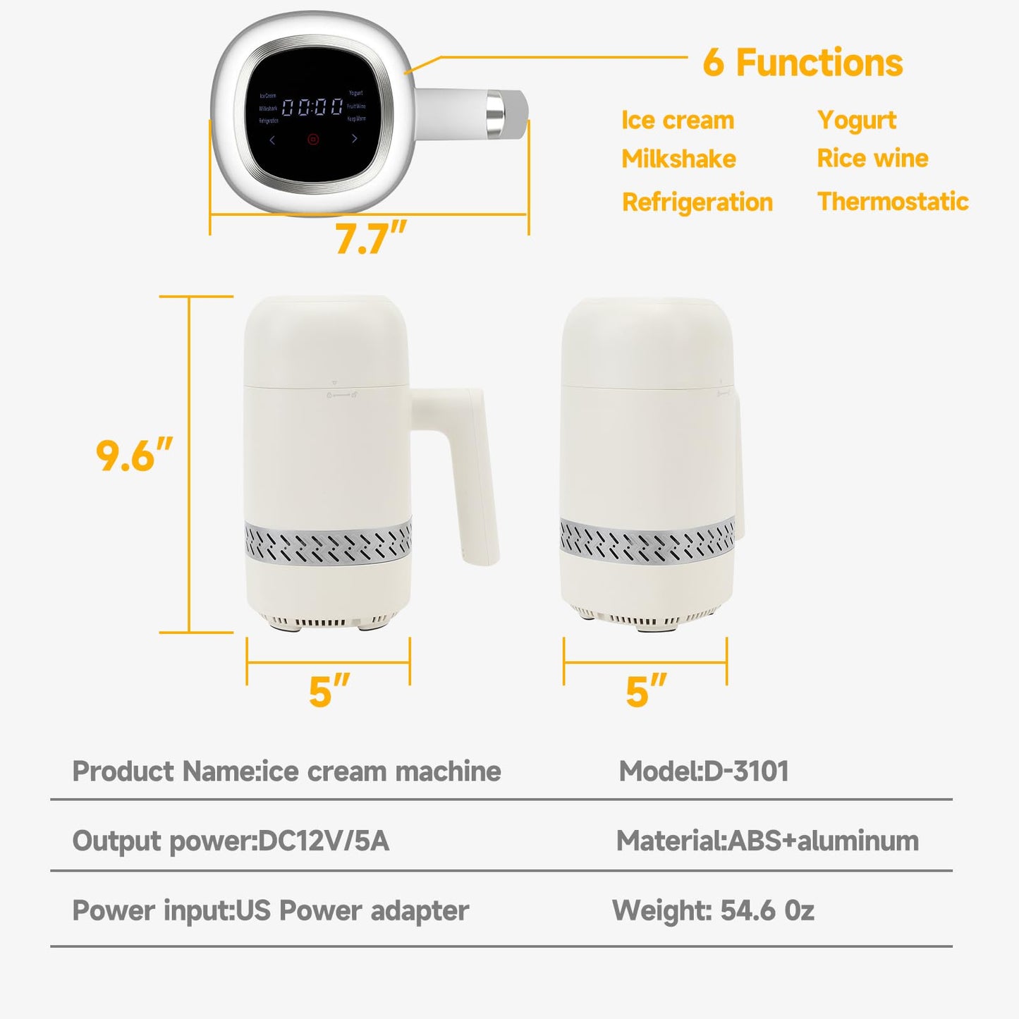 Electric Automatic Ice Cream Maker Machine, Frozen Yogurt Machine for Homemade Sorbet, Custard, Gelato and Sherbet Maker, Protable Ice-cream Makers Without Pre Freezing, Easy to Clean