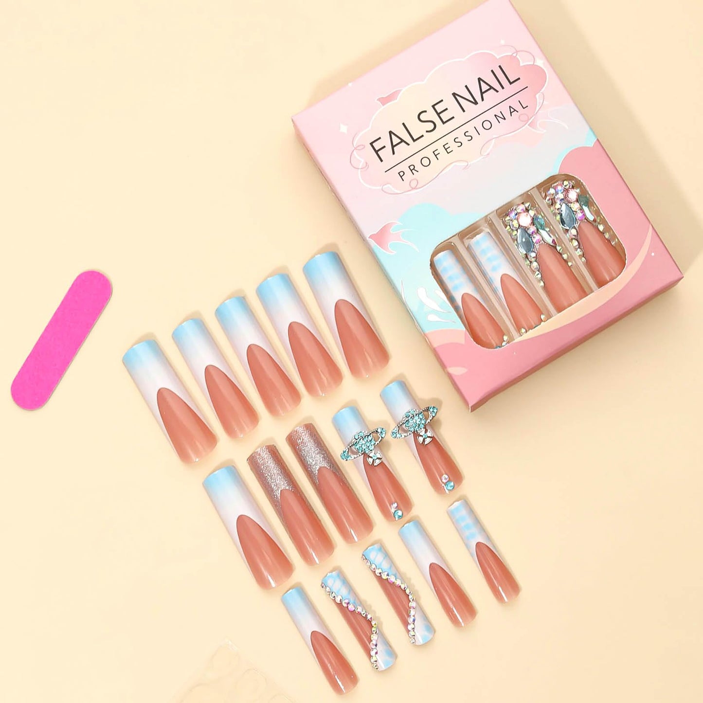 RUOKEXIN Long Square Press on Nails French Tip Fake Nails Blue Ombre False Nails with Rhinestones Designs Long Square Nail Press ons Glitter Glue on Nails Cute Stick on Nails for Women 24Pcs