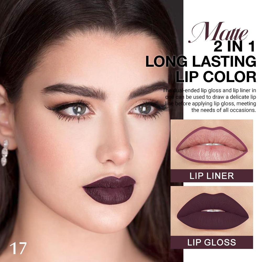 evpct 1Pcs Dark Deep Red Matte Lip Liner and Liquid Lipstick Stain Makeup Set for women, Red Long Lasting Smudge Proof Lipstick labiales matte mate larga duracion listip 24 hours originales,17#