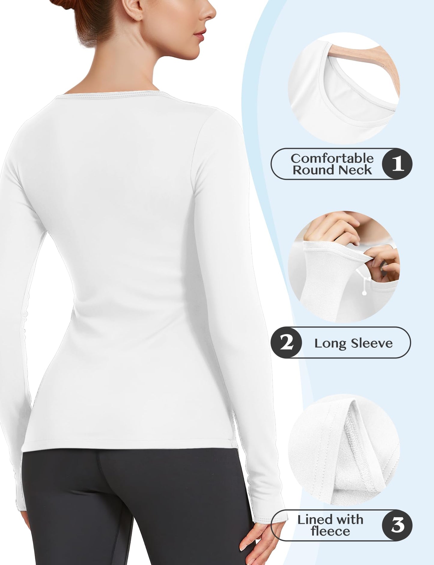 YOGINGO Women's Long Sleeve Thermal Underwear Lightweight Compression Base Layer Warm Shirt 2023 Stretchy Durable Women Fashion Clothing Fall Winter Fashion Premium Comfort XS-2XL Winter Tops White