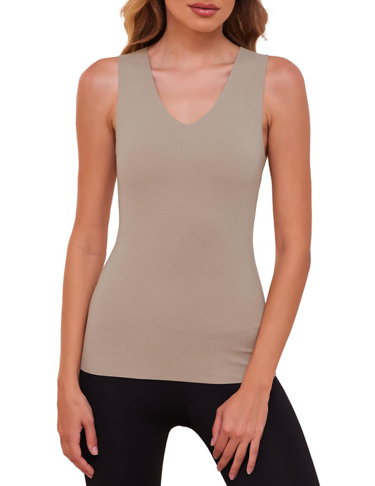YYA V Neck Basic Tank Tops for Women Thermal Vest Winter Warm Tank-Top Sleeveless Undershirts, Khaki XL