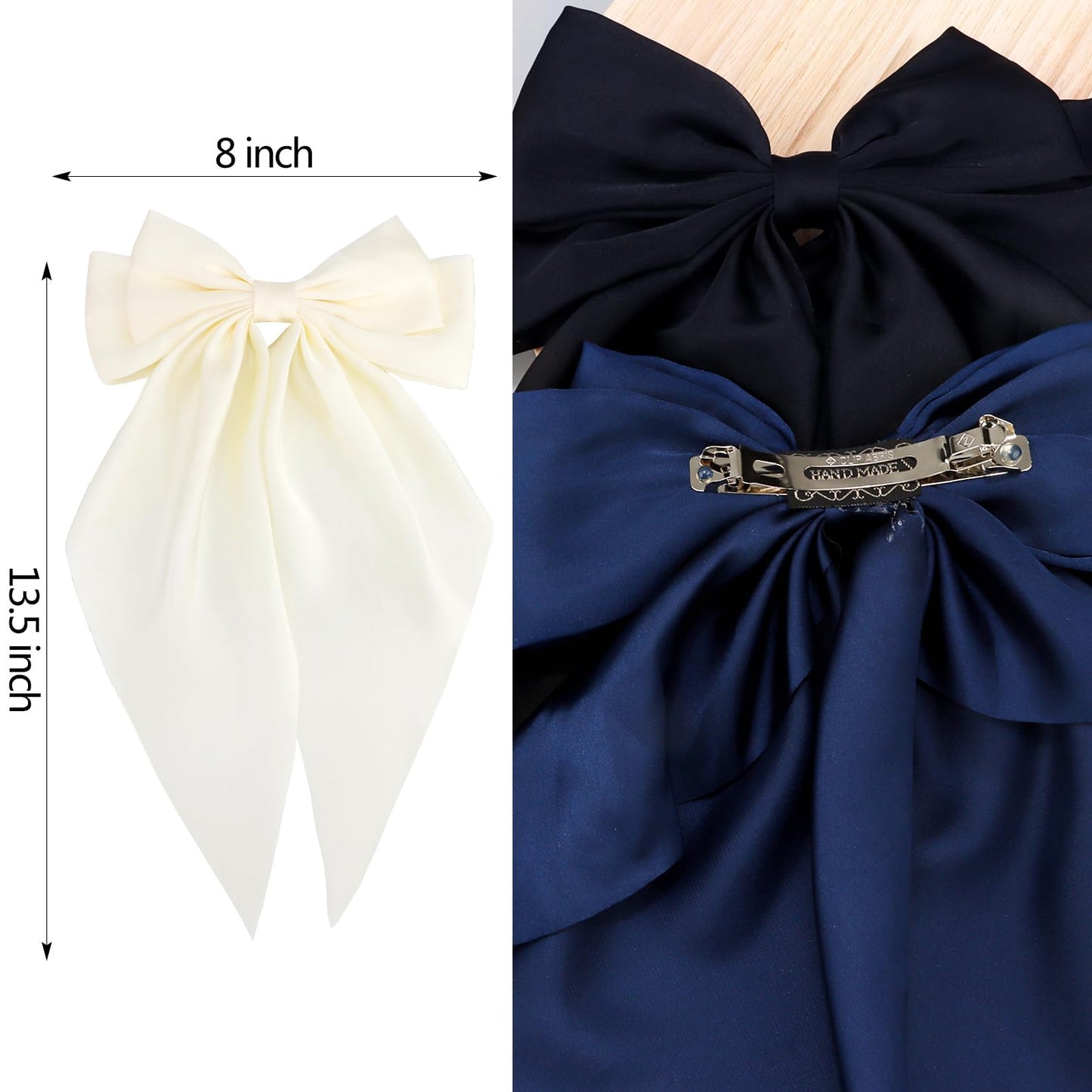 VELSCRUN Hair Bows for Women Girls 3Pcs White Hair Bow Black Hair Bow Navy Blue Big Hair Bows Clip Silky Satin Large Hair Ribbons Oversized Long Tail Hair Bows Hair Barrettes Hair Accessories Gifts