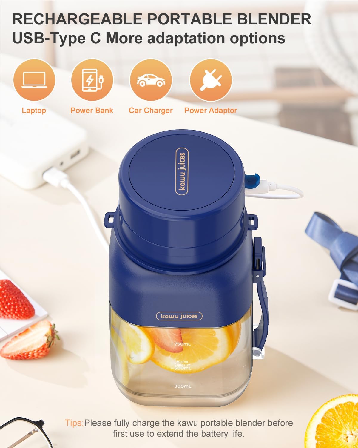kawu Portable Blender, Smoothie Blender, Personal Blenders with 34.1 oz, No-BPA, Leakproof-Lid and Sip Spout, USB-C Rechargeable, Dishwasher Safe, Personal Mixer for Shakes, Recipes, with Handle/Strap