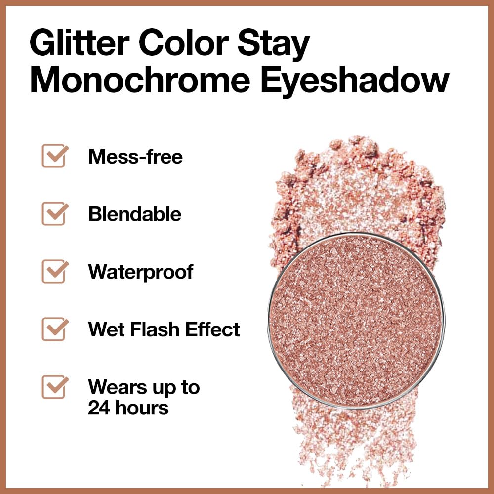 Single Rose Gold Brown Glitter Shimmer Eyeshadow,Bright High Pigment Intense Monochrome Eye Shadow,Buildable Sparkly Eye Glitter Shimmer Finish,24 Hour Eye Makeup Longwear Waterproof,Blendable