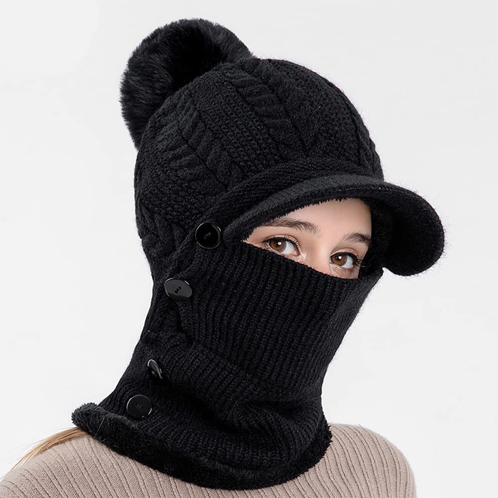 Winter Hats Warm Face Mask Cap One-Piece Scarf Mask Set Knitted Warm Bib Beanie Hat, Knitted Hat, Caps with Visor, Black