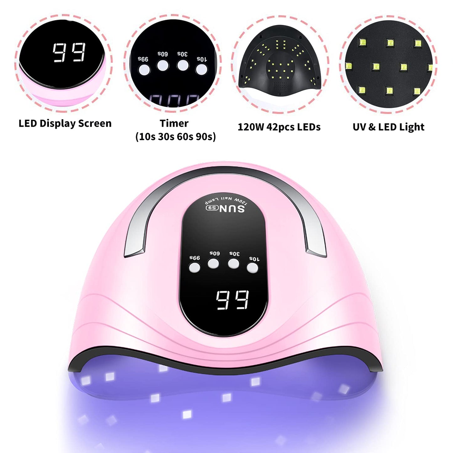 Sunrich UV Gel Nail Lamp 120W LED Nail Light Fast Nail Dryer for Gel Polish Curing with 4 Timers Portable Handle Large Space Automatic Sensor(Pink)