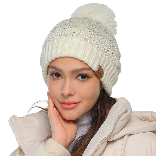 C.C Sequin Pom Beanie for Women - Acrylic Stretchable Soft Warm with Pom Knit Winter Skully Hat (Ivory/Silver)