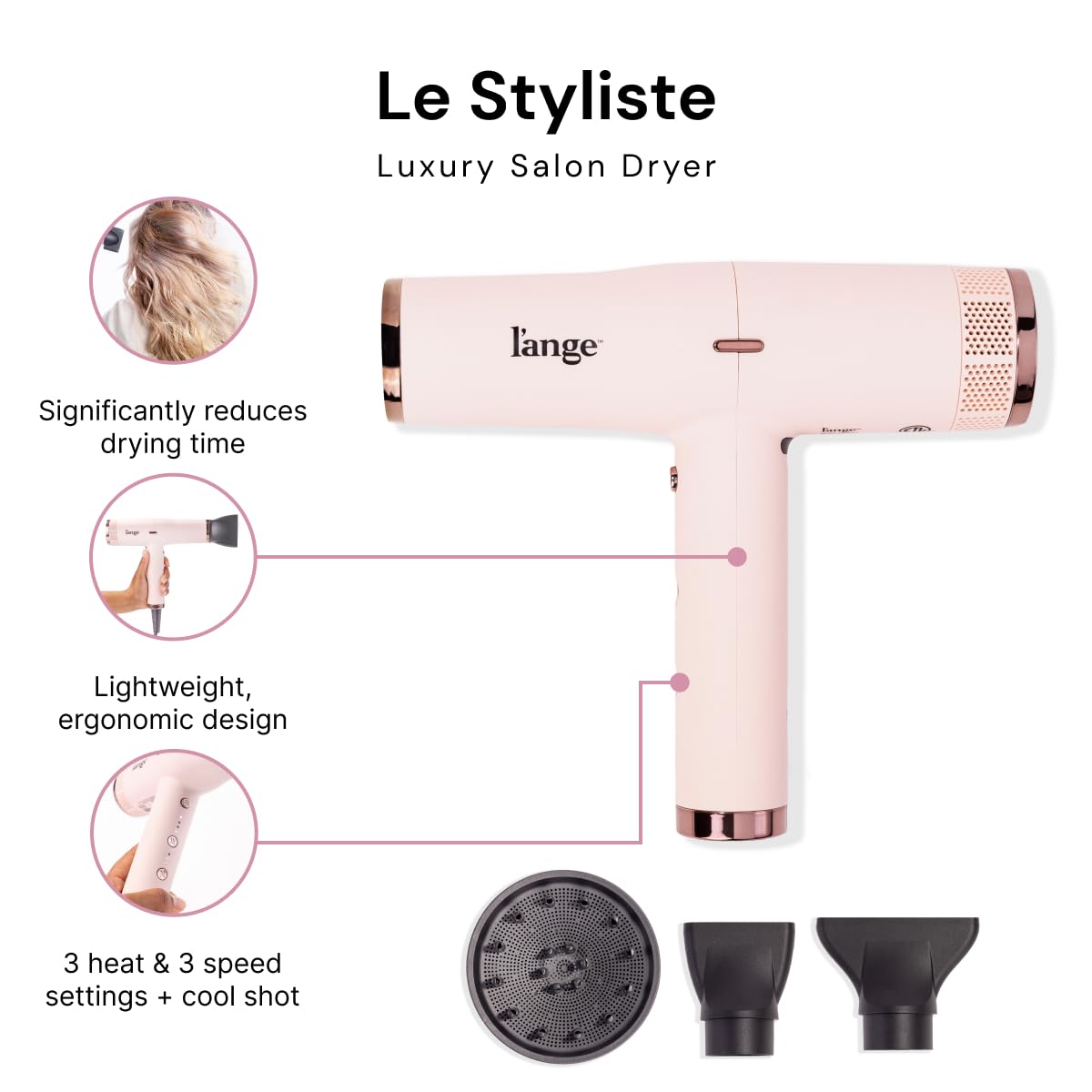 L'ANGE HAIR Le Styliste Luxury Hair Dryer | Quiet Brushless Blow Dryer with Diffuser | 1875 Watts for 4X Faster Drying | Hairdryer with 3 Heat & Speed Settings | Best Hair Dryers for Blowouts
