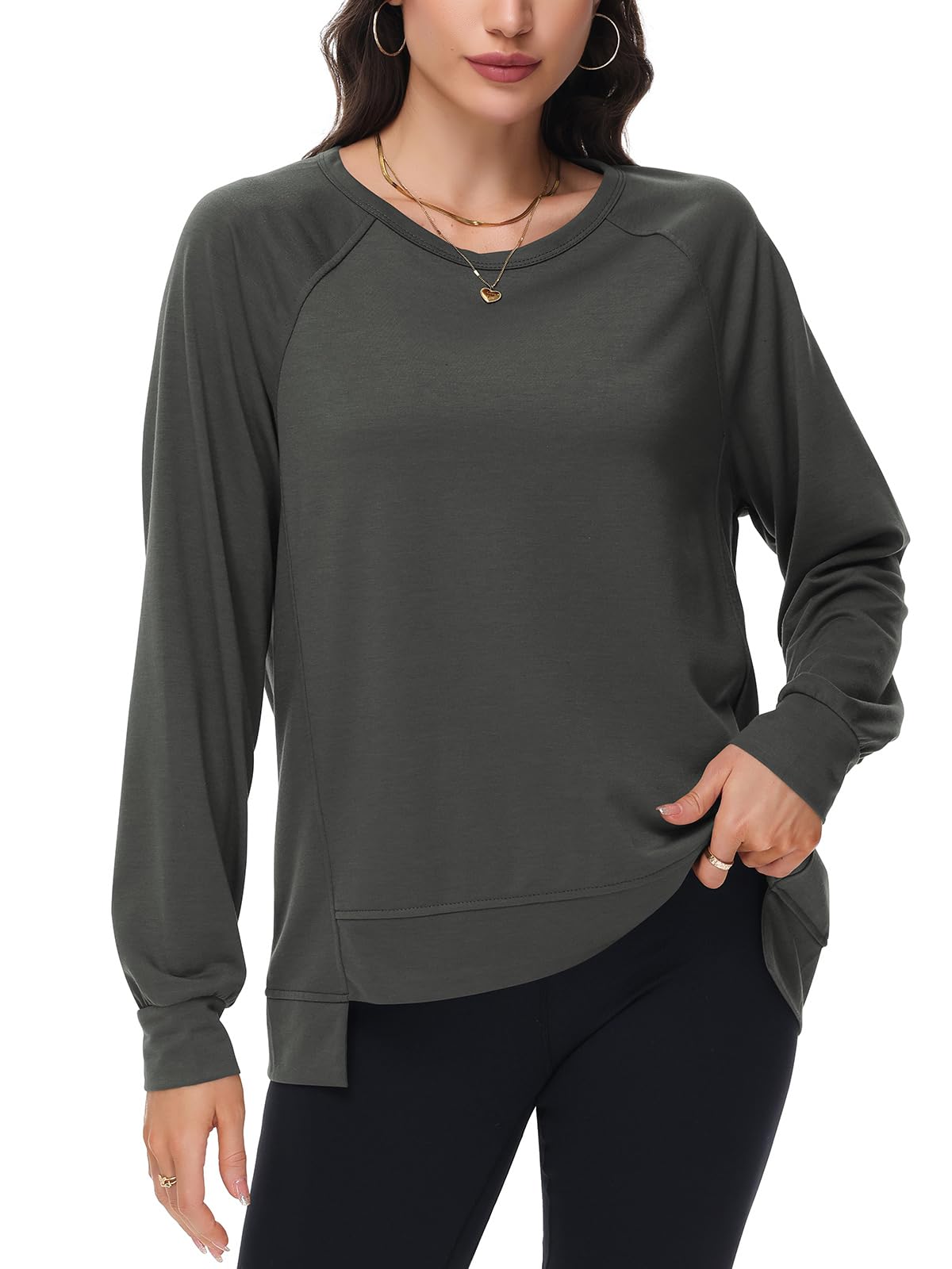 Poetsky Womens Long Sleeve Tops Lightweight Sweatshirts Pullover Shirts Winter Clothes Dark Gray L