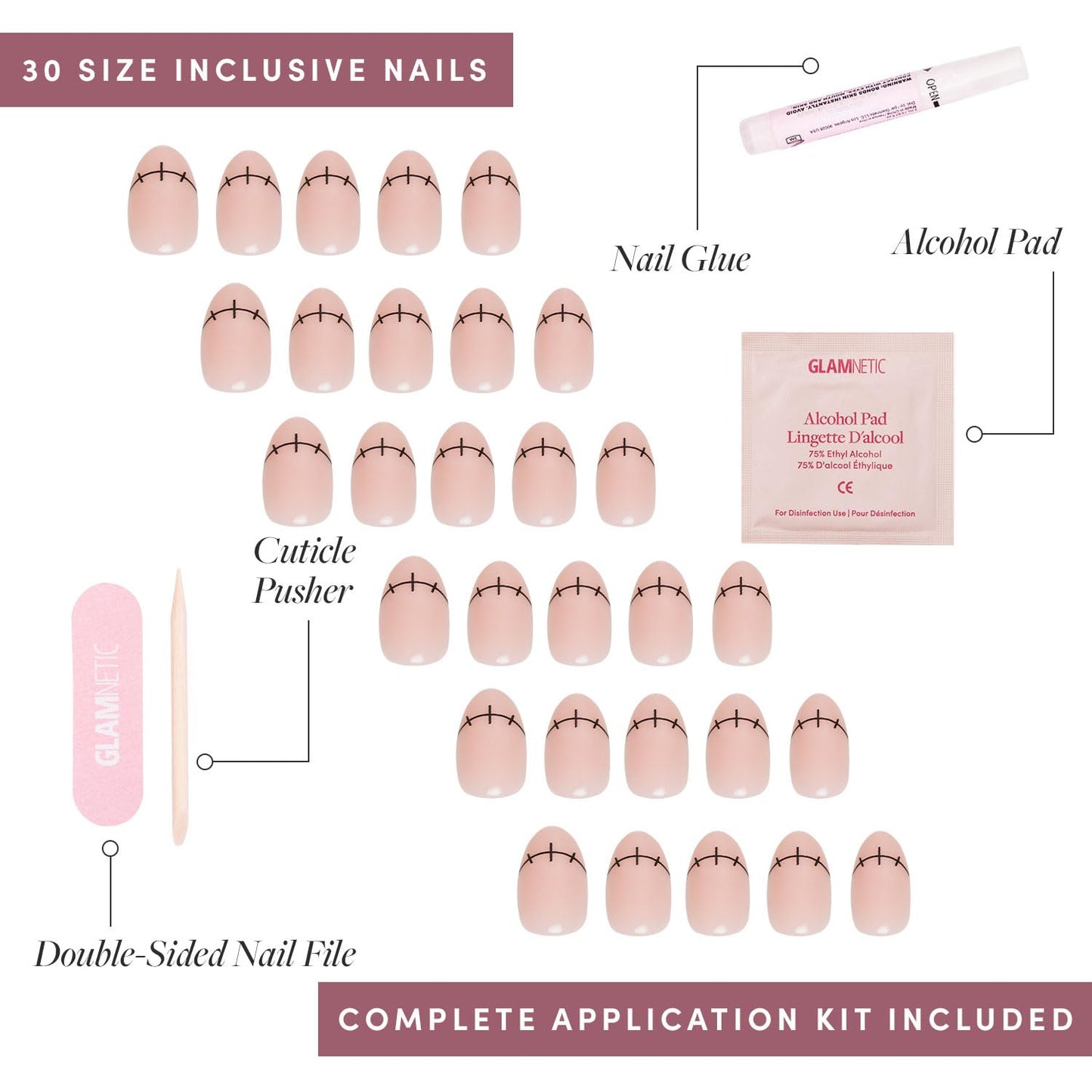 Glamnetic Press On Nails - Frankenbabe | Semi-Transparent Stitched Tip Graphic Short Oval False Halloween Nails, Reusable Stick On Fake Nails with Glue | Salon Quality | 15 Sizes - 30 Nail Kit
