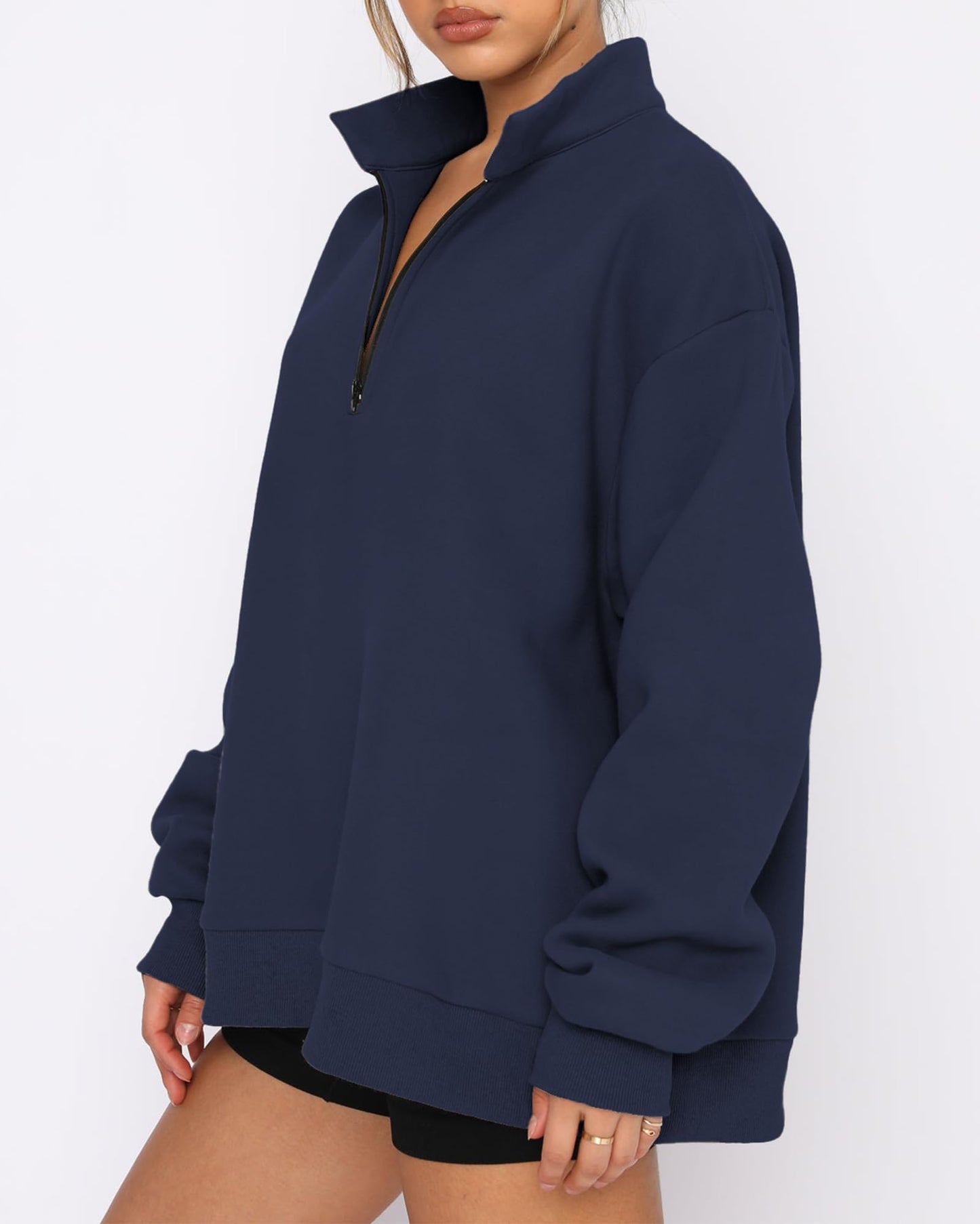 BTFBM Women's Quarter Zip Sweatshirt 2024 Fall Spring Oversized Casual Long Sleeve Workout Pullover Y2K Clothes(Solid Navy, Large)