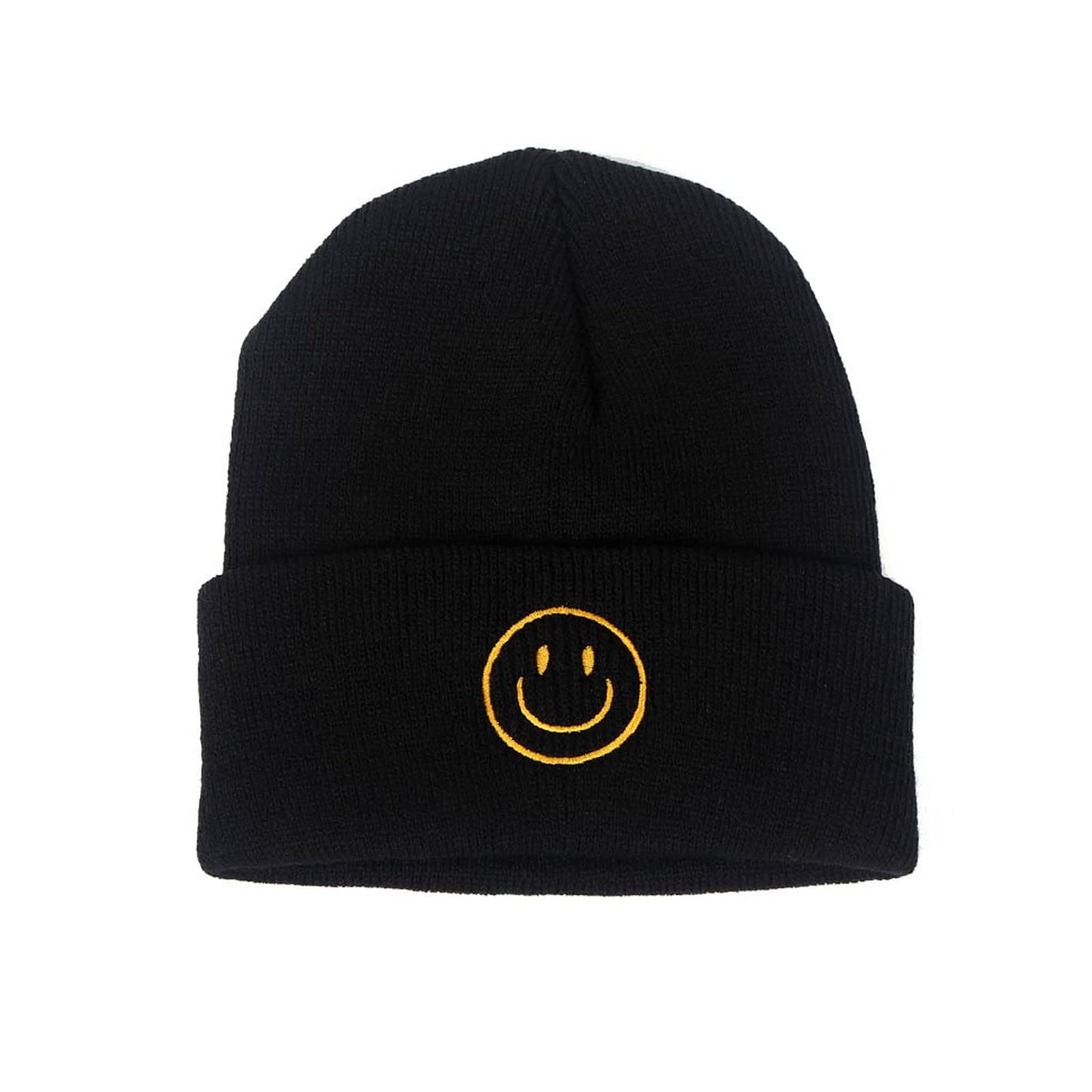 AJG Beanie Hats for Men,Unisex Smile Face Embroidered Acrylic Soft Warm Winter Cuffed Knit Hats for Women (1-Black)