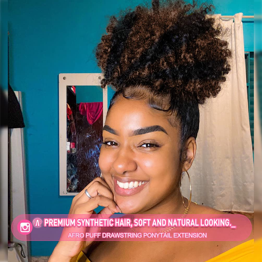 rosmile Afro Puff Drawstring Ponytail Extension for Black Women, Premium Black to Brown 80 Gram Short Synthetic Afro Puff Ponytail for Natural Hair, Clip on Kinky Drawstring Curly Ponytail Bun
