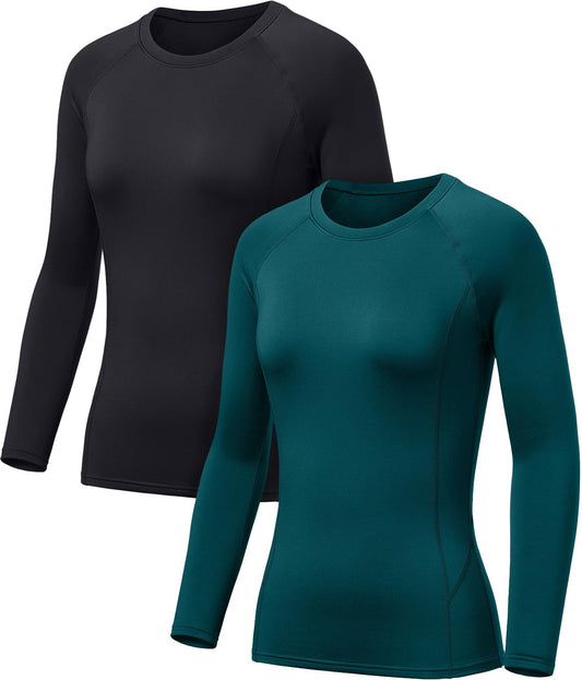 TSLA Women's Thermal Long Sleeve Tops, Mock Turtle & Crew Neck Shirts, Fleece Lined Compression Base Layer, Round Neck Winter 2pack Black/Teal, X-Small