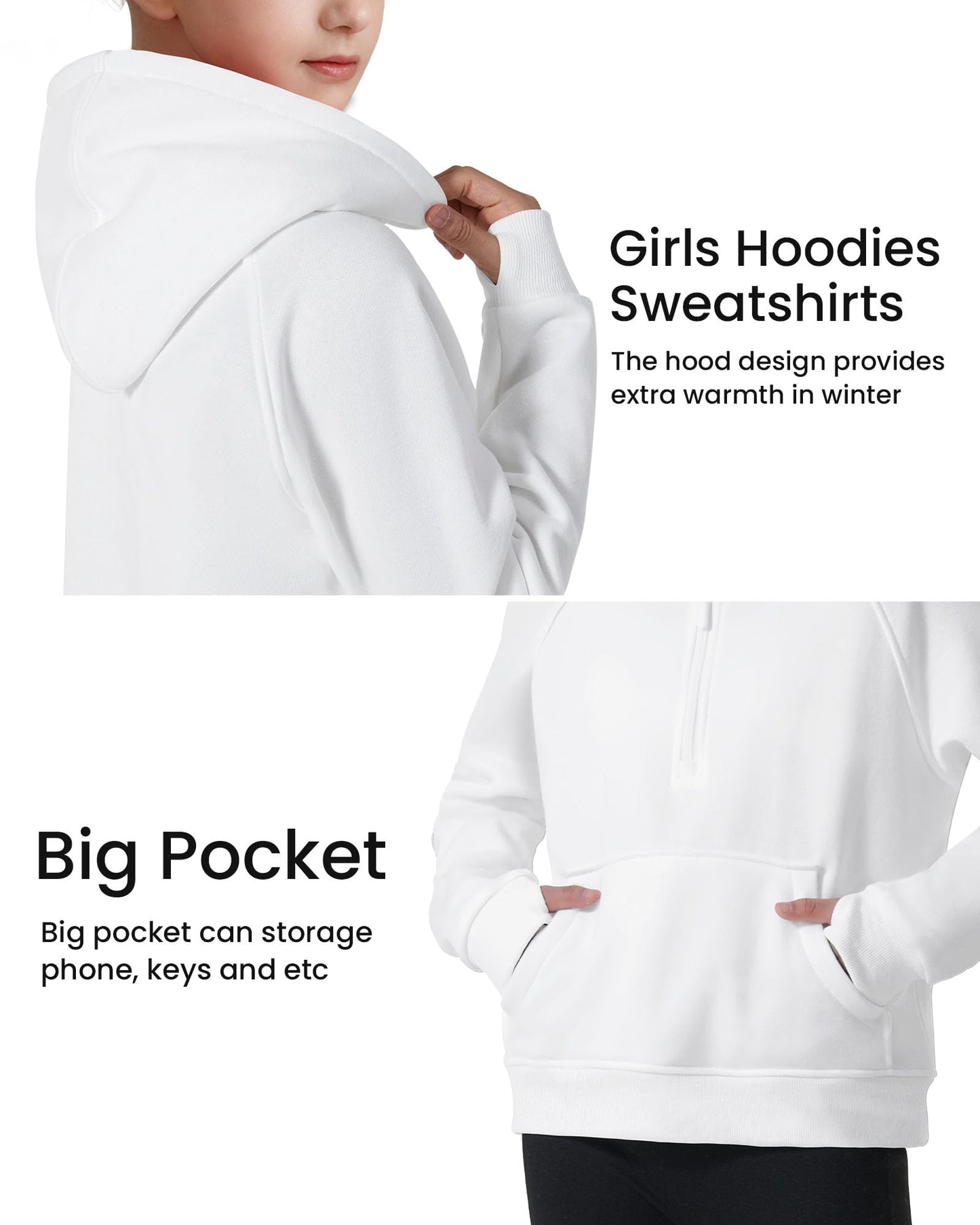 JOCMIC Girls Hoodies Half Zip Cropped Fleece Sweatshirts with Thumb Hole Kids Fall Winter Preppy Clothes White 13-14 Years