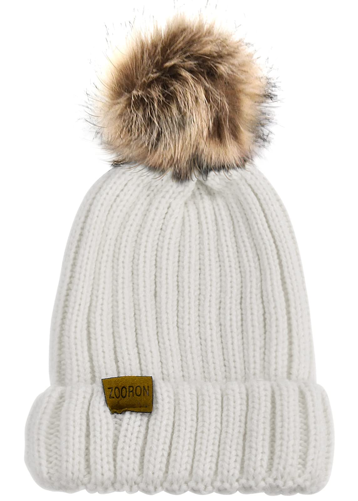 ZOORON Womens Winter Knitted Beanie Hat with Faux Fur Pom Beanie Warm Knit Skull Cap Beanie for Women White