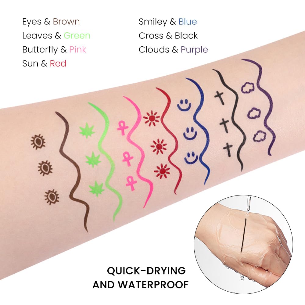 evpct 7Pcs Colored Eye Liners Face Stamp Cosplay Gothic Makeup Set Kit Accessories, Black Brown Purple Blue Red Pink Green Stamps Eyeliner, Star Flowers Heart Moon Triangle Lightning Butterfly Stamp