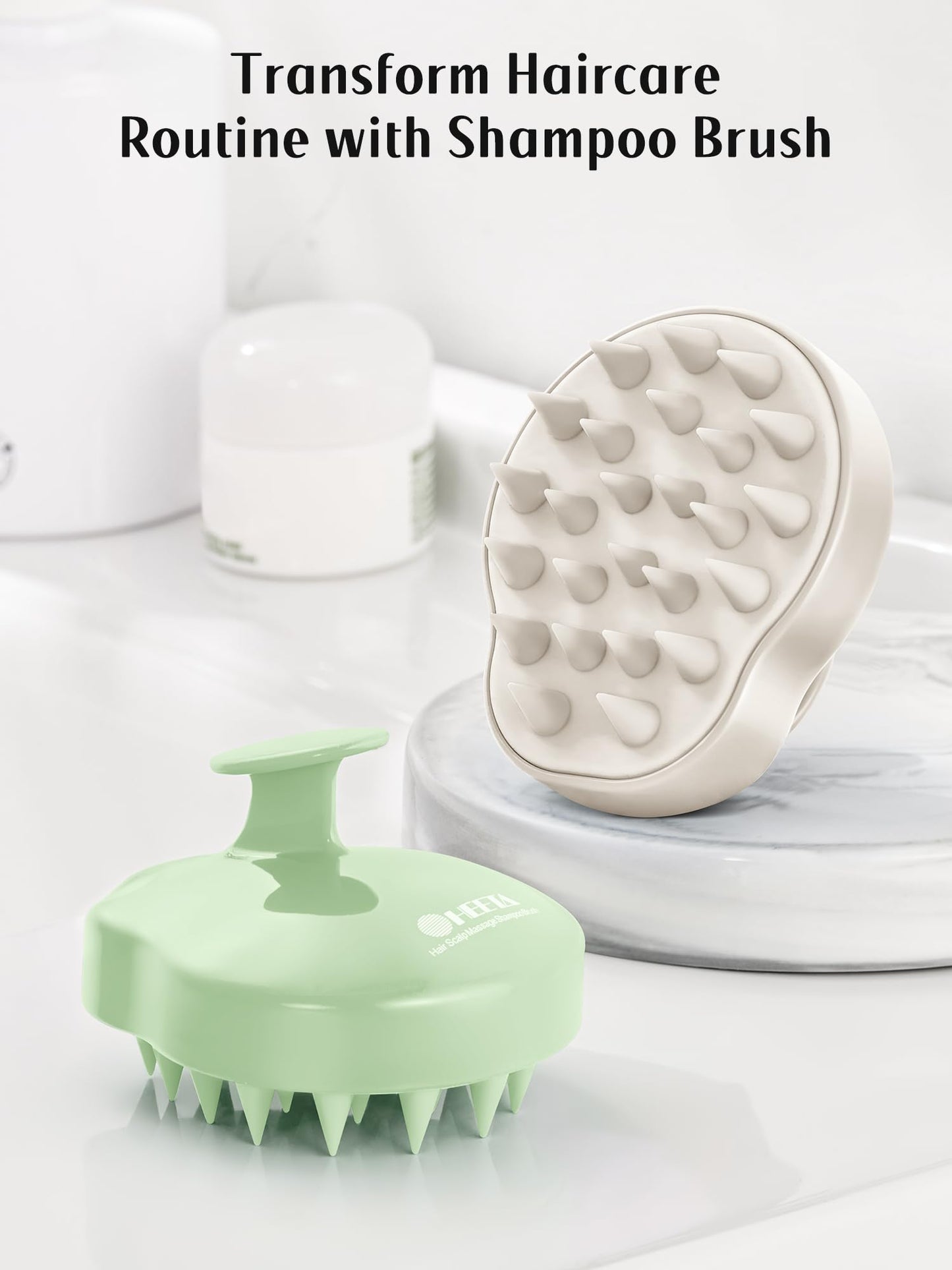 HEETA Scalp Massager Shampoo Brush 2 Pack, Soft Silicone Bristles to Remove Dandruff, Waterproof Scrubber for Wet Dry Hair, Suitable for Men & Women (Light Beige&Green)