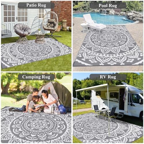 Bsmathom Waterproof Outdoor Rug 6'x9' Reversible Boho Plastic Straw Patio Deck Camping Rugs, Indoor Outdoor Portable RV Mat Clearance Carpet for Outside, Porch, Balcony, Backyard, Beach, Pool,Grey
