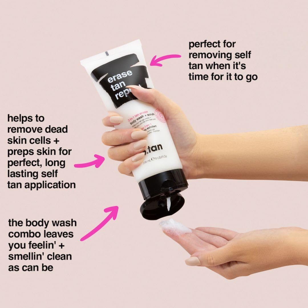 b.tan Clear Self Tanning Gel & Exfoliating Kit | Glow Your Own Way + Erase Tan Repeat Bundle - 1 Hour Express, Transfer-Resistant Dark Fake Tanner, 2-in-1 Exfoliator Scrub & Body Wash with Mitt