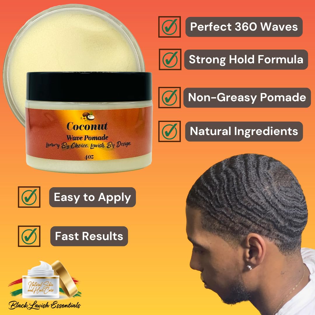 Ultra-Smooth 360 Wave Pomade, 8oz Wave Butter Pomade, Strong Hold Non-Greasy Hair Pomade for Deep Waves, Shea and Mango Butter Natural Wave Pomade, Black Lavish Essentials (Coconut 360 Pomade, 8oz)