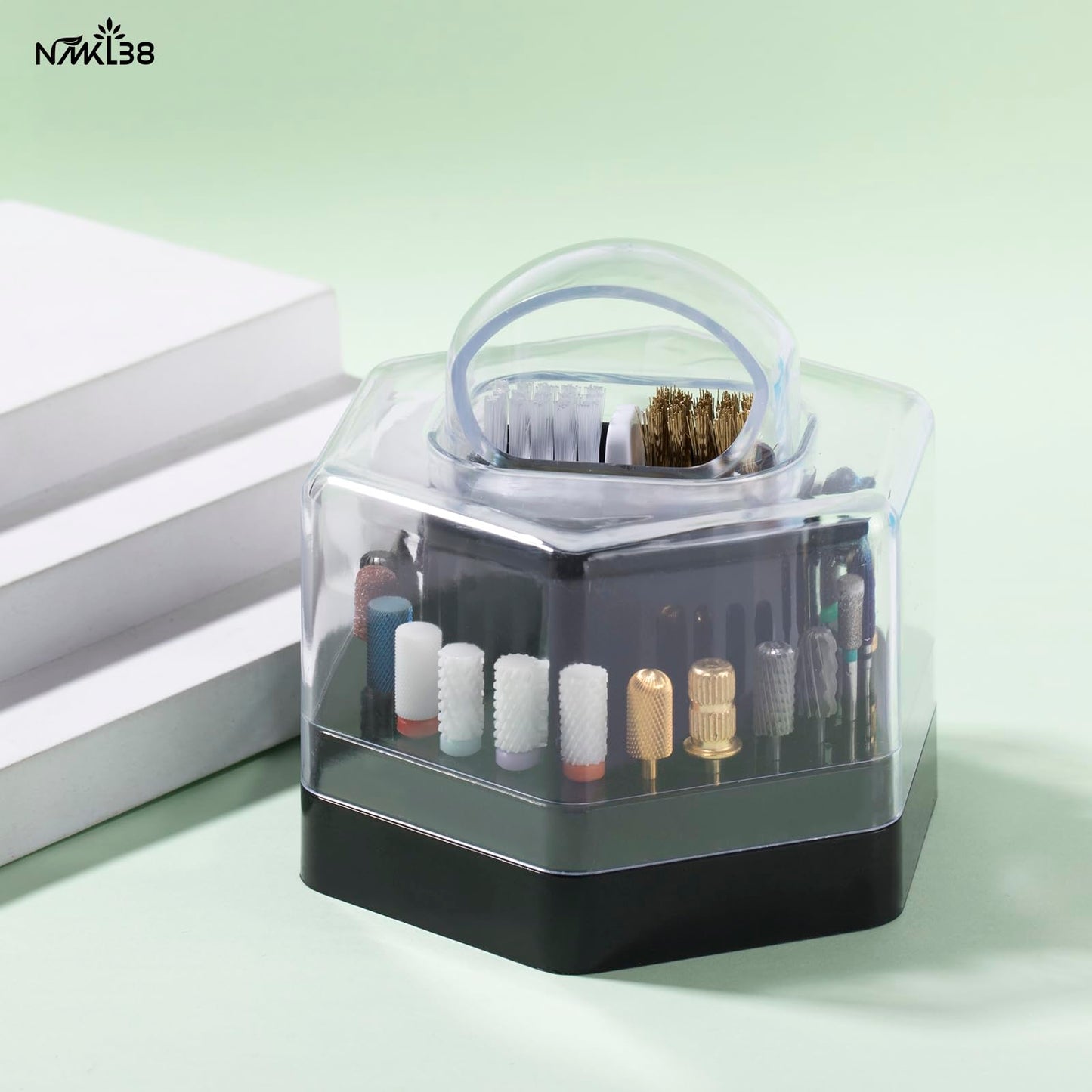 NMKL38 2 in 1 Nail Drill Bits Holder Nail Drill Bits Cleaning Brush Detachable Case 24 Holes Nail Drill Stand Display Organizer Dustproof Box for Nail Manicure Tools (Black)