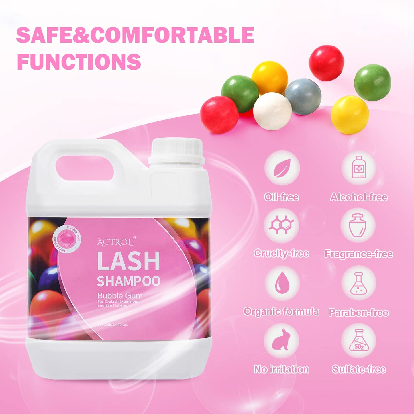 ACTROL Eyelash Extension Cleanser Bubble Gum 2L Natural Lash Extension Shampoo Professional Eyelid Foaming Cleanser Paraben & Sulfate Free Non-lrritating with Salon and Home Care