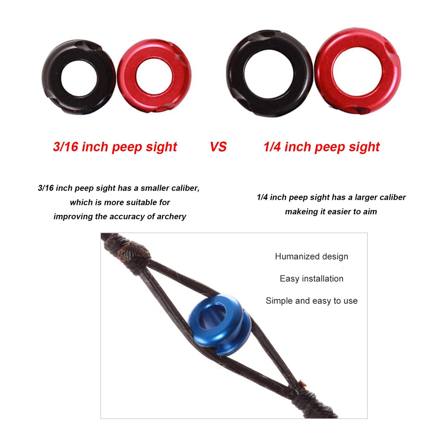 SPG Archery Peep Sight 1/4" 3/16" Aluminum Peep Sight or Tube peep Sight with Bowstring Splitter for Archery Compound Bow (Red - 1/4"+3/16")