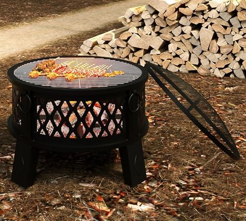 Fire Beauty 26" Steel Fire Pit with Grill & Diamond Mesh Design,360° Airflow Tech for 80% Less Smoke,XL Flames,Heavy-Duty Portable Outdoor Fire Bowl for Camping, Backyard, Beach (22lbs, 4 Handles)