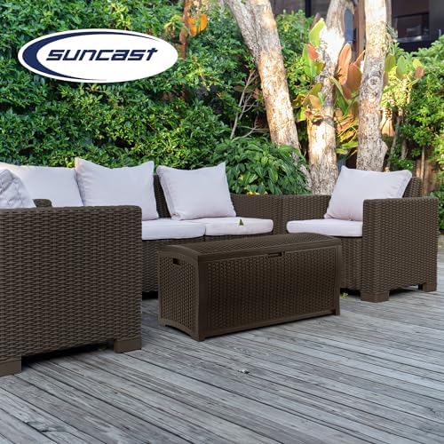 Suncast 73-Gallon Medium Deck Box - Lightweight Resin Indoor/Outdoor Storage Container and Seat for Patio Cushions and Gardening Tools - Store Items on Garage, Yard - Mocha Brown